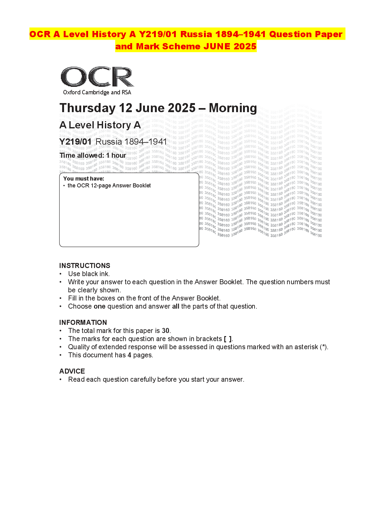 Recommended document preview for OCR A Level History A Y219/01 Russia 1894–1941 Question Paper and Mark Scheme JUNE 2025