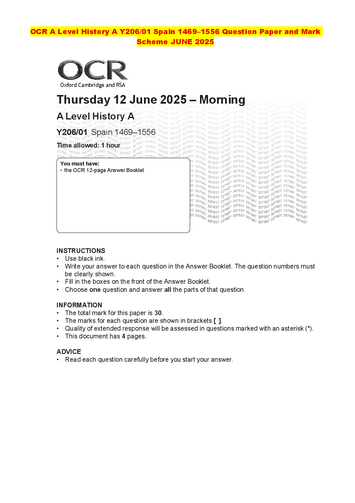 Recommended document preview for OCR A Level History A Y206/01 Spain 1469–1556 Question Paper and Mark Scheme JUNE 2025