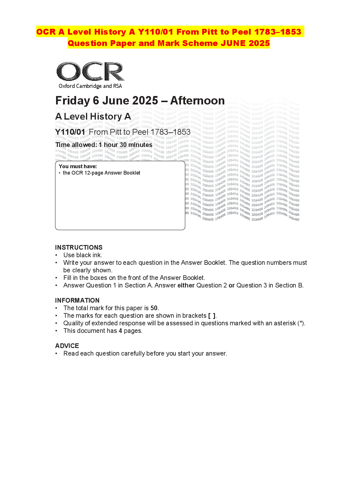 Recommended document preview for OCR A Level History A Y110/01 From Pitt to Peel 1783–1853 Question Paper and Mark Scheme JUNE 2025