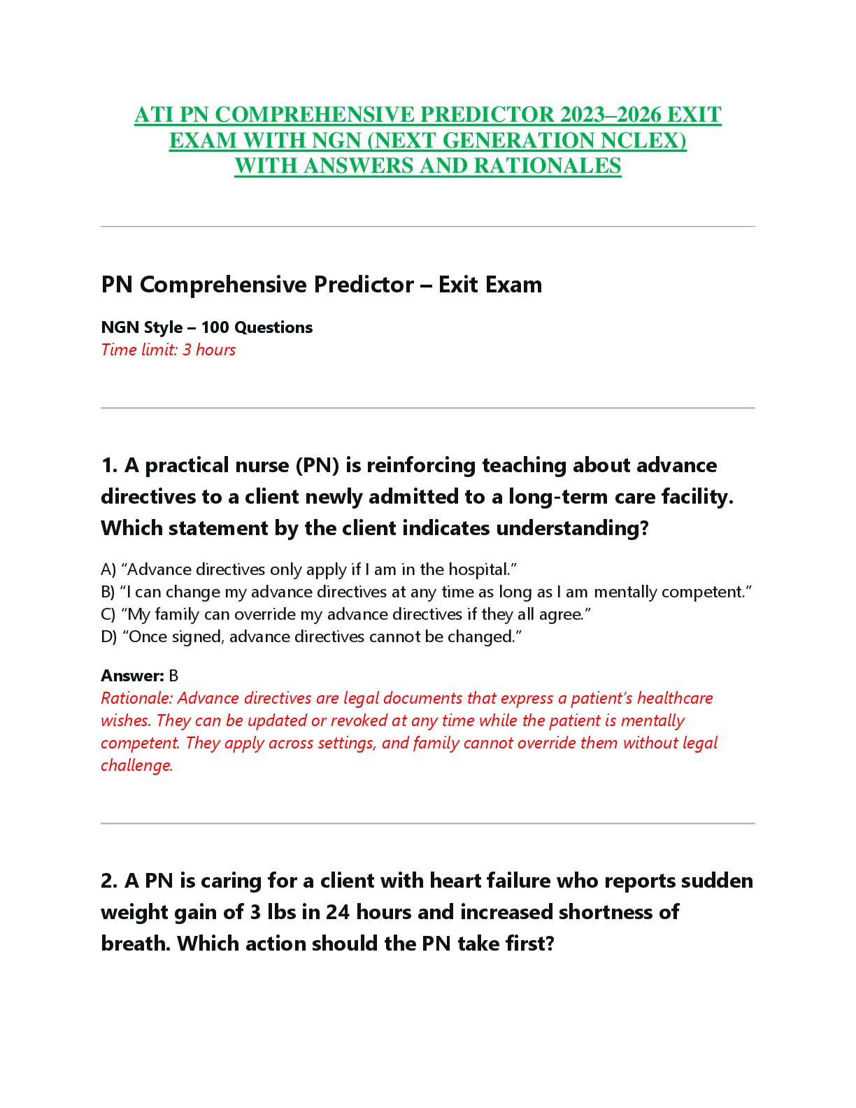 Recommended document preview for ATI PN COMPREHENSIVE PREDICTOR 2023–2026 EXIT  EXAM WITH NGN (NEXT GENERATION NCLEX)  WITH ANSWERS AND RATIONALES