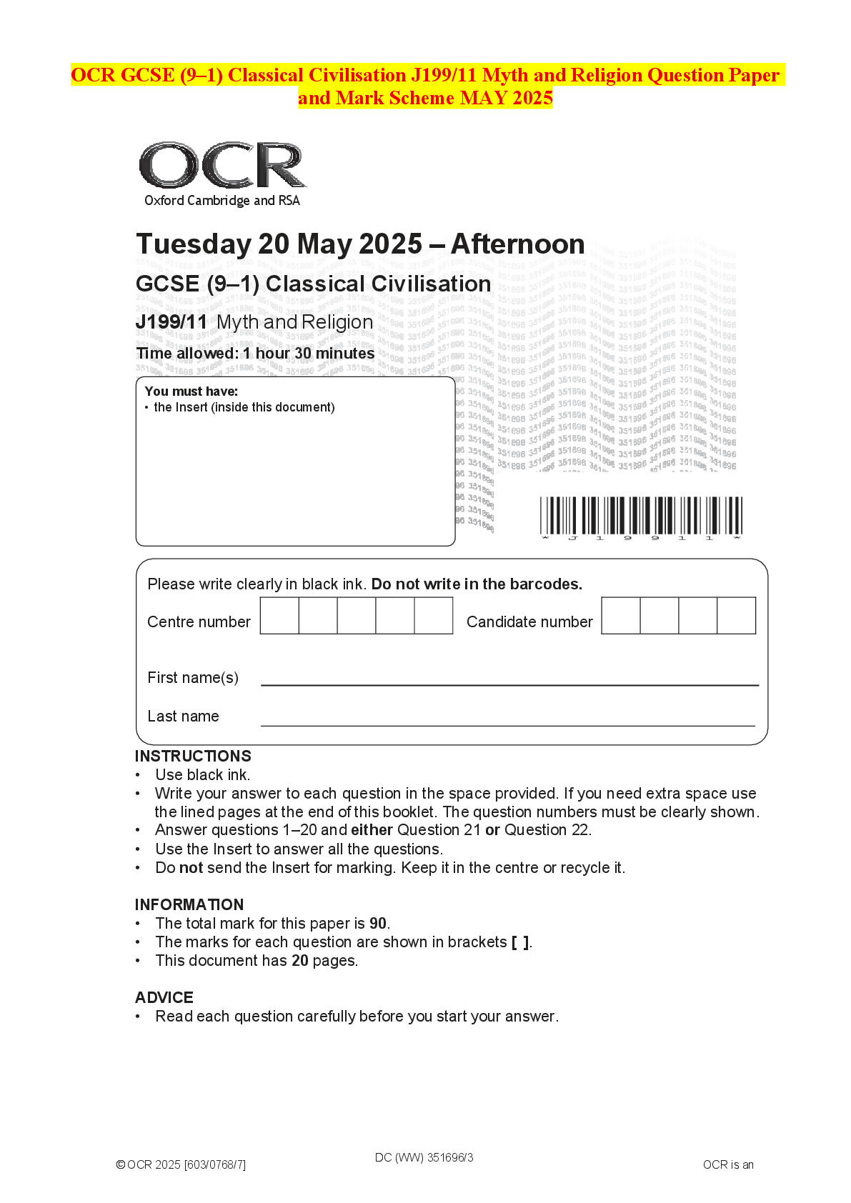Recommended document preview for OCR GCSE (9–1) Classical Civilisation J199/11 Myth and Religion Question Paper and Mark Scheme MAY 2025 Oxford Cambridge