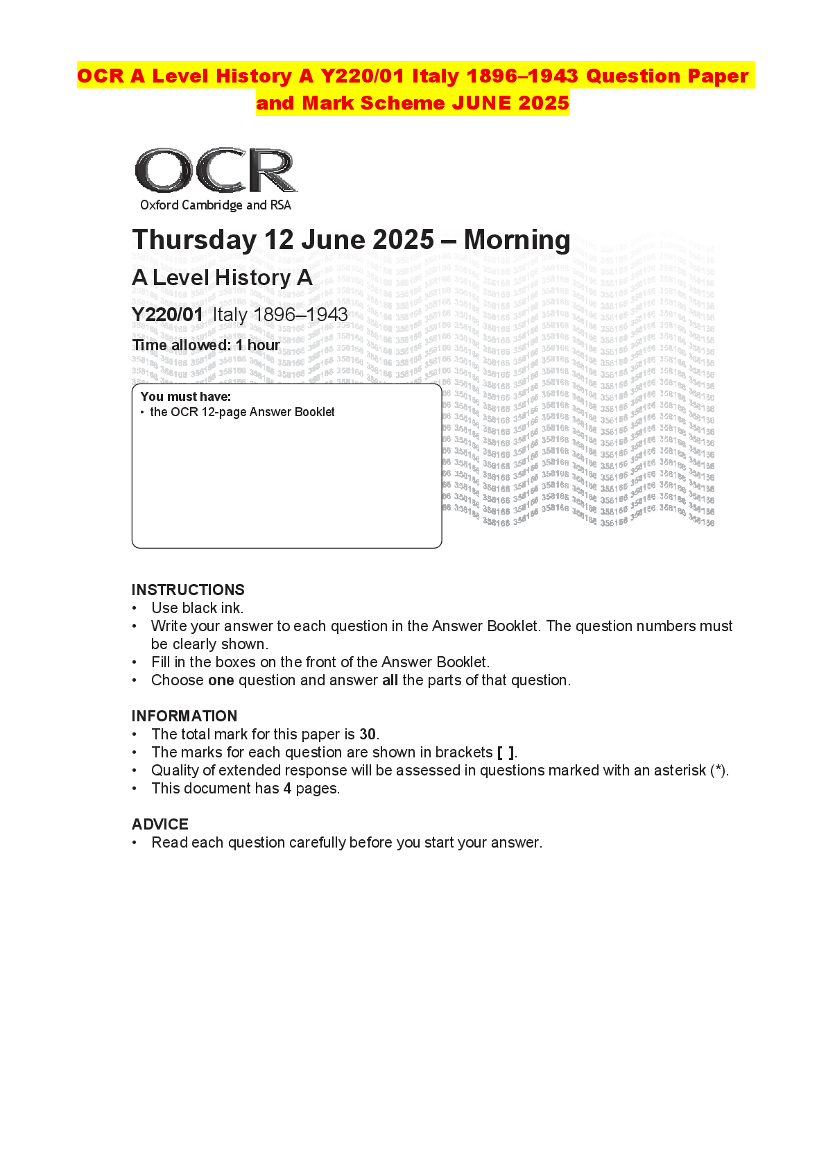 Recommended document preview for OCR A Level History A Y220/01 Italy 1896–1943 Question Paper and Mark Scheme JUNE 2025