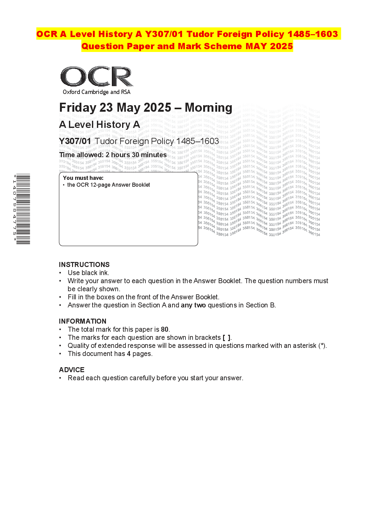 Recommended document preview for OCR A Level History A Y307/01 Tudor Foreign Policy 1485–1603 Question Paper and Mark Scheme MAY 2025