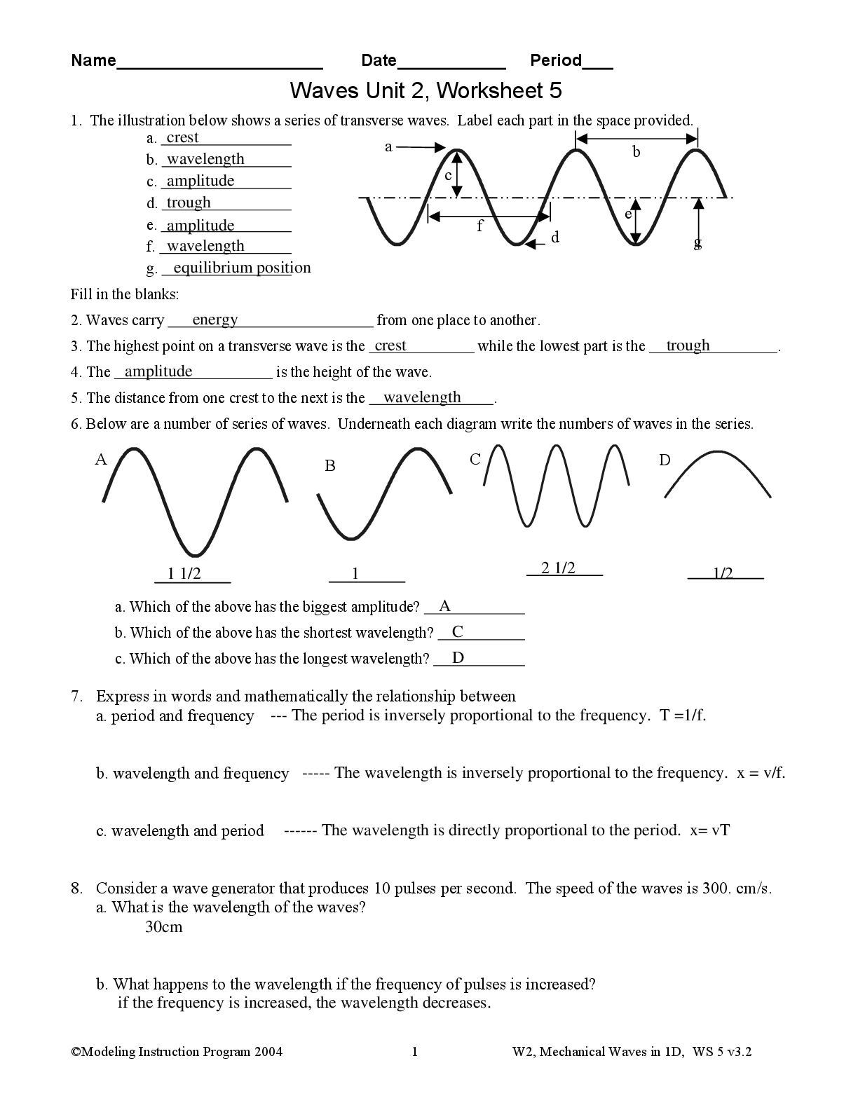 Recommended document preview for PHYSCIAL E 1346 Waves Unit 2, Worksheet 5