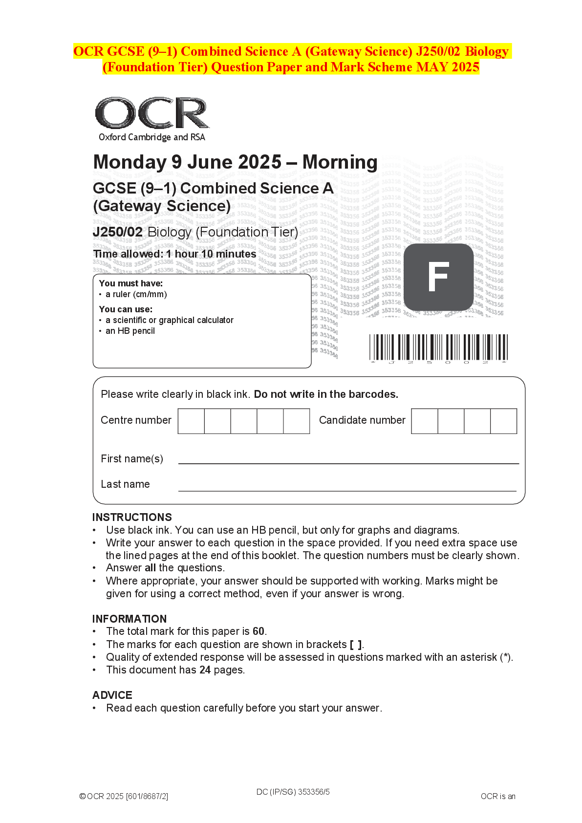 Recommended document preview for OCR GCSE (9–1) Combined Science A (Gateway Science) J250/02 Biology (Foundation Tier) Question Paper and Mark Scheme MAY 2025