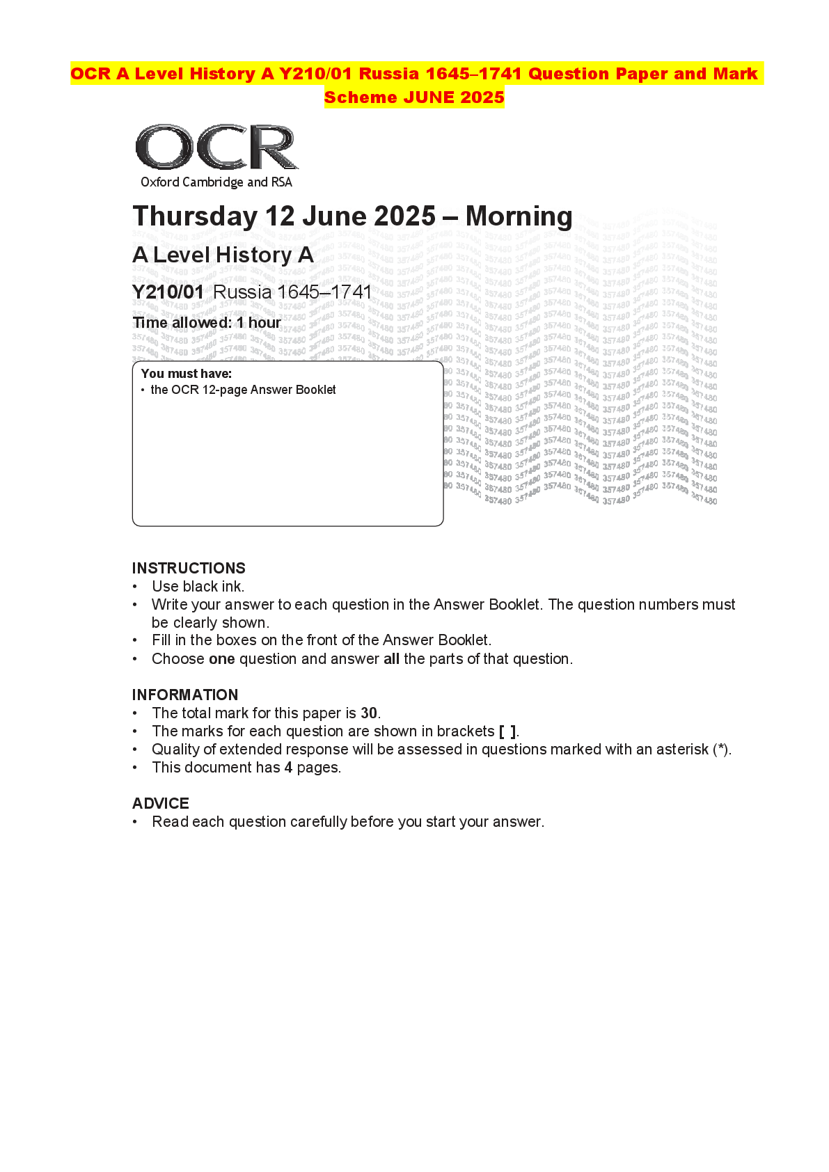 Recommended document preview for OCR A Level History A Y210/01 Russia 1645–1741 Question Paper and Mark Scheme JUNE 2025