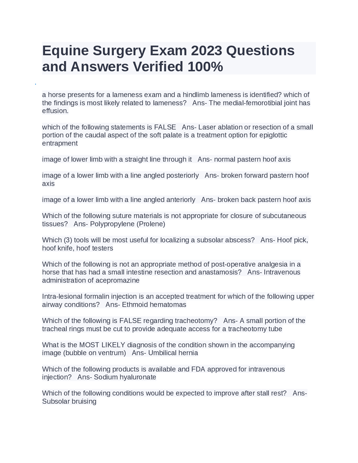 Recommended document preview for Equine Surgery Exam 2023 Questions and Answers Verified 100.docx