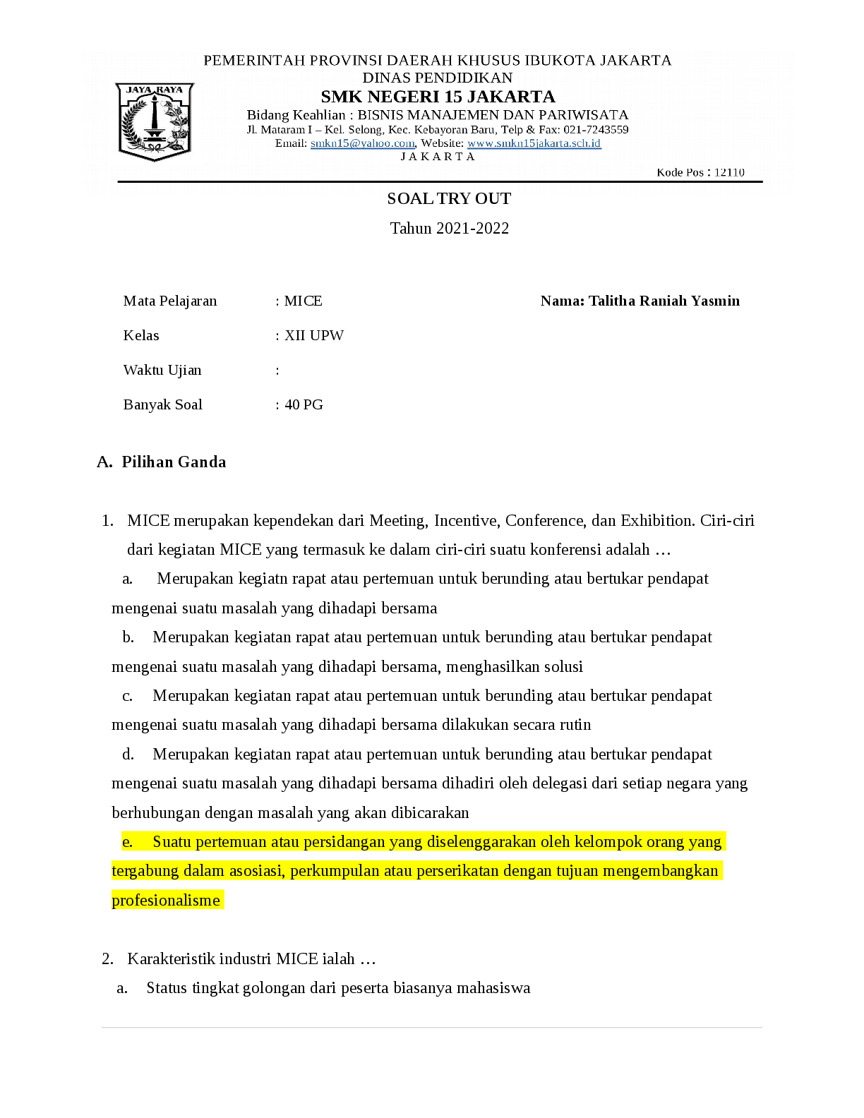 Recommended document preview for BUSINESS 13 SOAL TRY OUT Exam