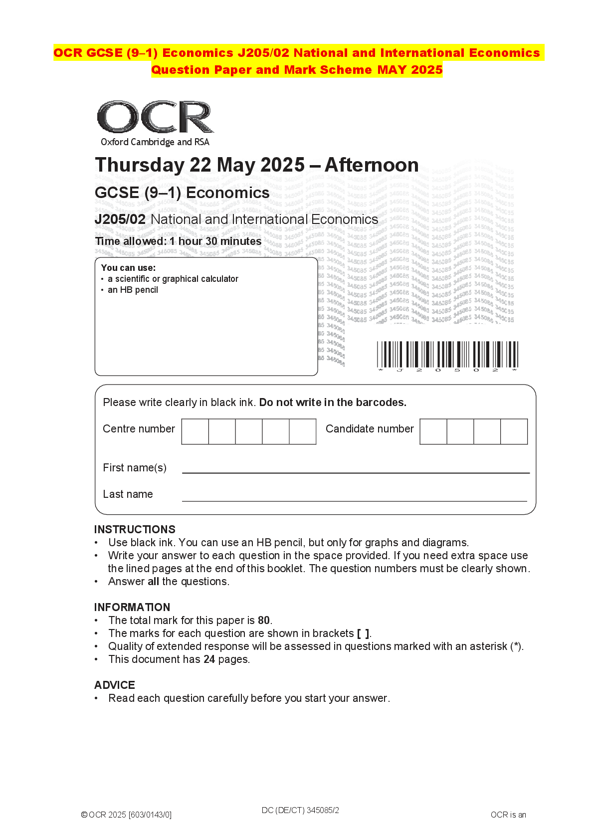 Recommended document preview for OCR GCSE (9–1) Economics J205/02 National and International Economics Question Paper and Mark Scheme MAY 2025