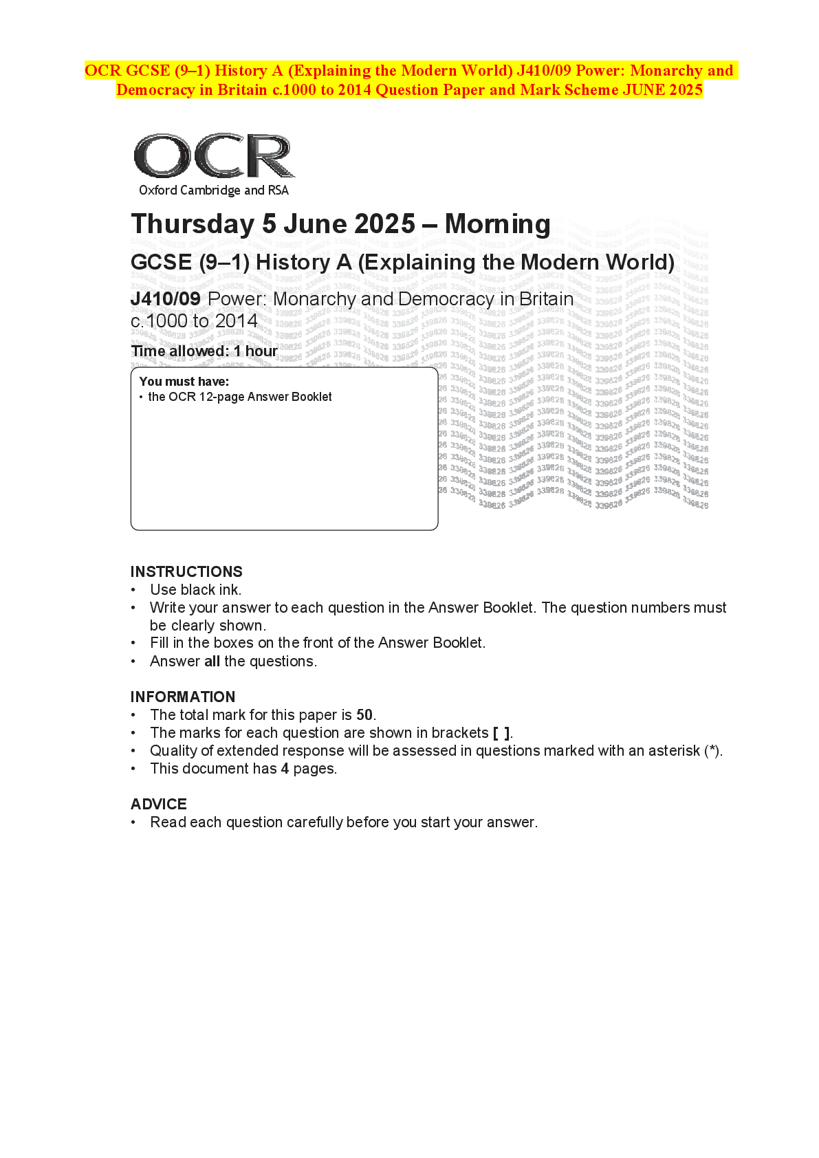 Recommended document preview for OCR GCSE (9–1) History A (Explaining the Modern World) J410/09 Power: Monarchy and Democracy in Britain c.1000 to 2014 Question Paper and Mark Scheme JUNE 2025