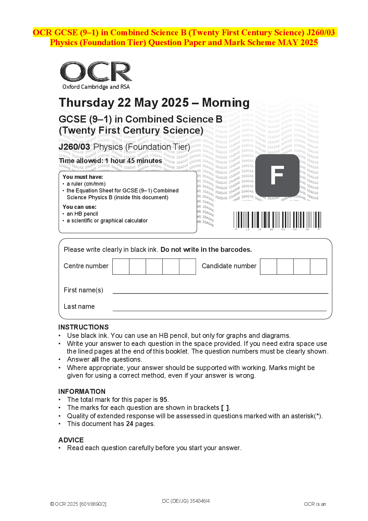 Recommended document preview for OCR GCSE (9–1) Combined Science B (Twenty First Century Science) J260/02 Chemistry (Foundation Tier Question Paper and Mark Scheme ) MAY 2025