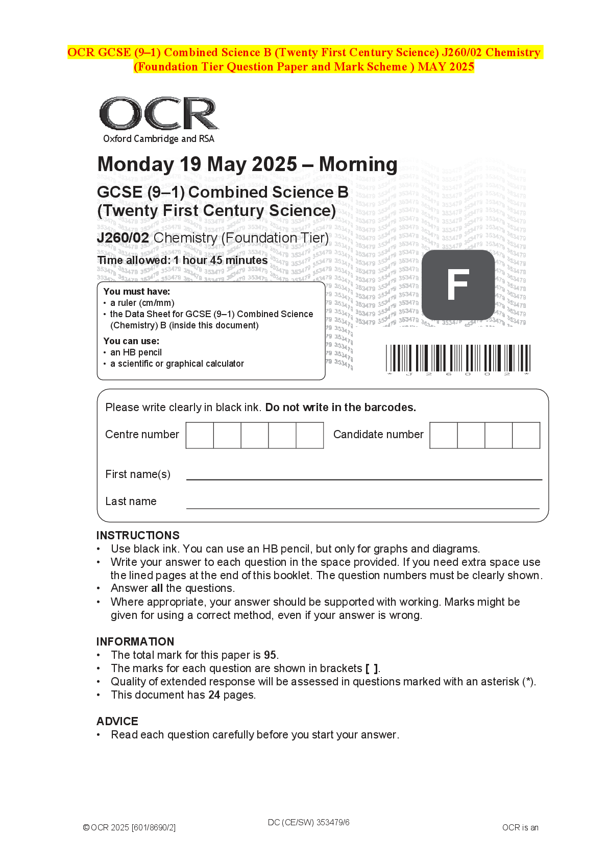 Recommended document preview for OCR GCSE (9–1) Combined Science B (Twenty First Century Science) J260/02 Chemistry (Foundation Tier Question Paper and Mark Scheme ) MAY 2025