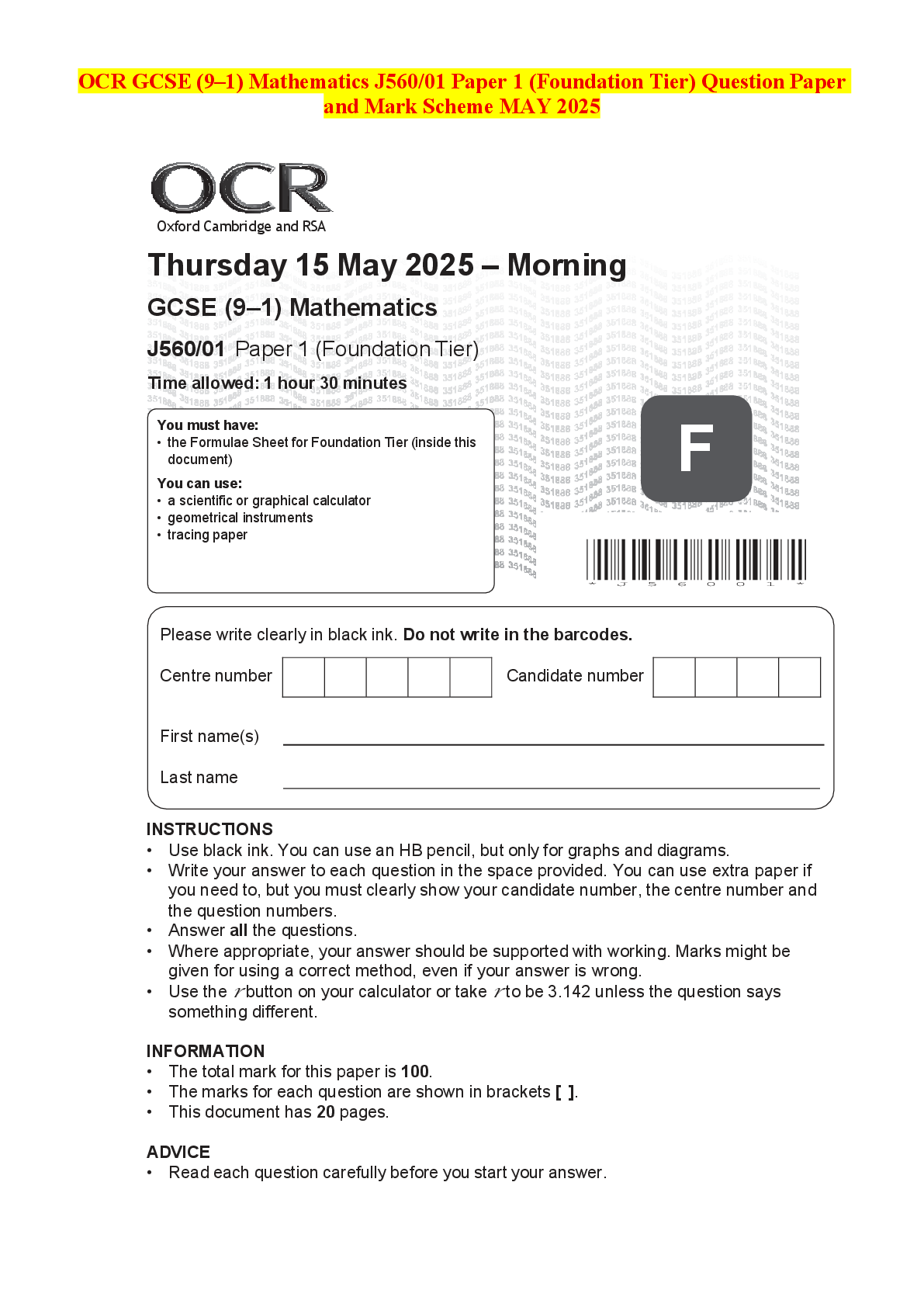 Recommended document preview for OCR GCSE (9–1) Mathematics J560/01 Paper 1 (Foundation Tier) Question Paper and Mark Scheme MAY 2025