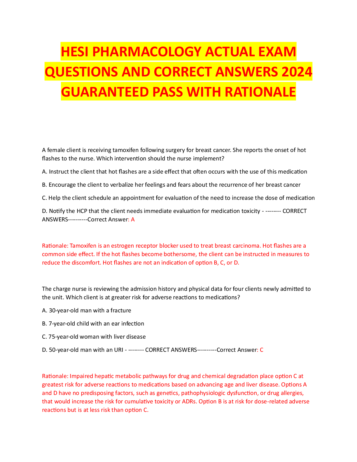 Recommended document preview for HESI Pharmacology Questions and Correct Answers With Rationale 2024 Guaranteed Pass