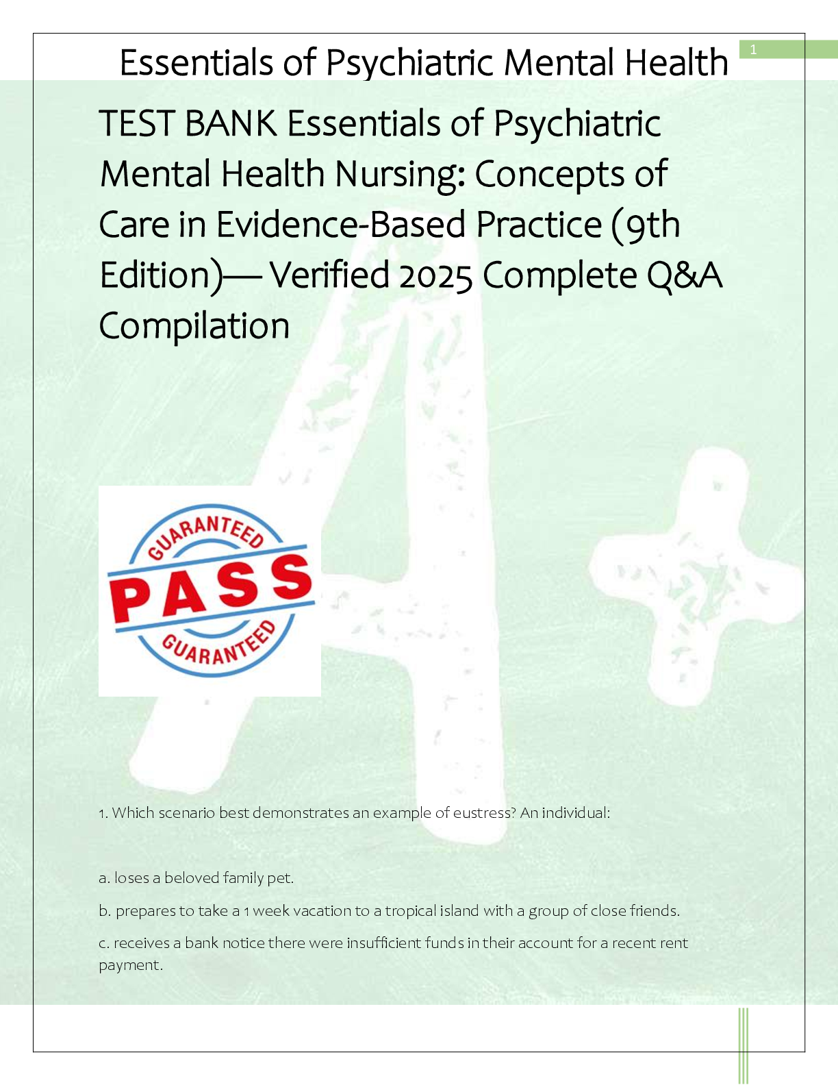 Recommended document preview for TEST BANK Essentials of Psychiatric  Mental Health Nursing: Concepts of  Care in Evidence-Based Practice (9th  Edition)— Verified 2025 Complete Q&A  Compilation