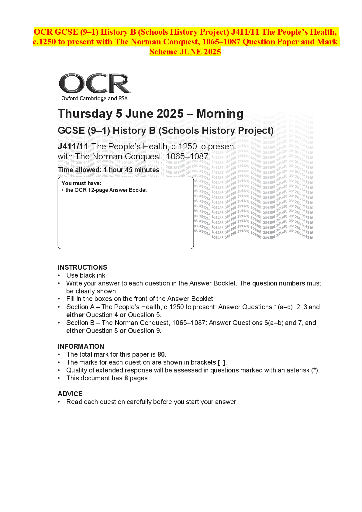 Recommended document preview for OCR GCSE (9–1) History B (Schools History Project) J411/11 The People’s Health, c.1250 to present with The Norman Conquest, 1065–1087 Question Paper and Mark Scheme JUNE 2025