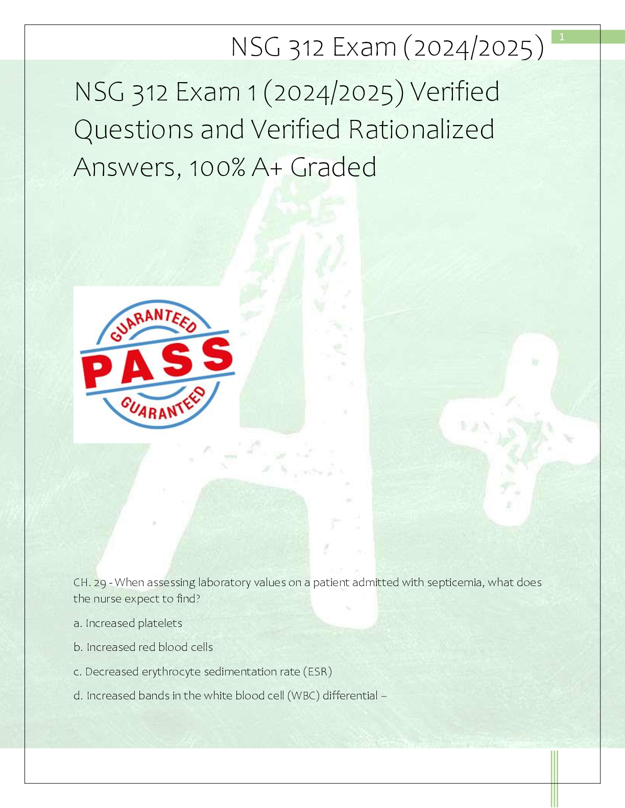Recommended document preview for NSG 312 Exam 1 (2024/2025) Verified   Questions and Verified Rationalized  Answers, 100% A+ Graded