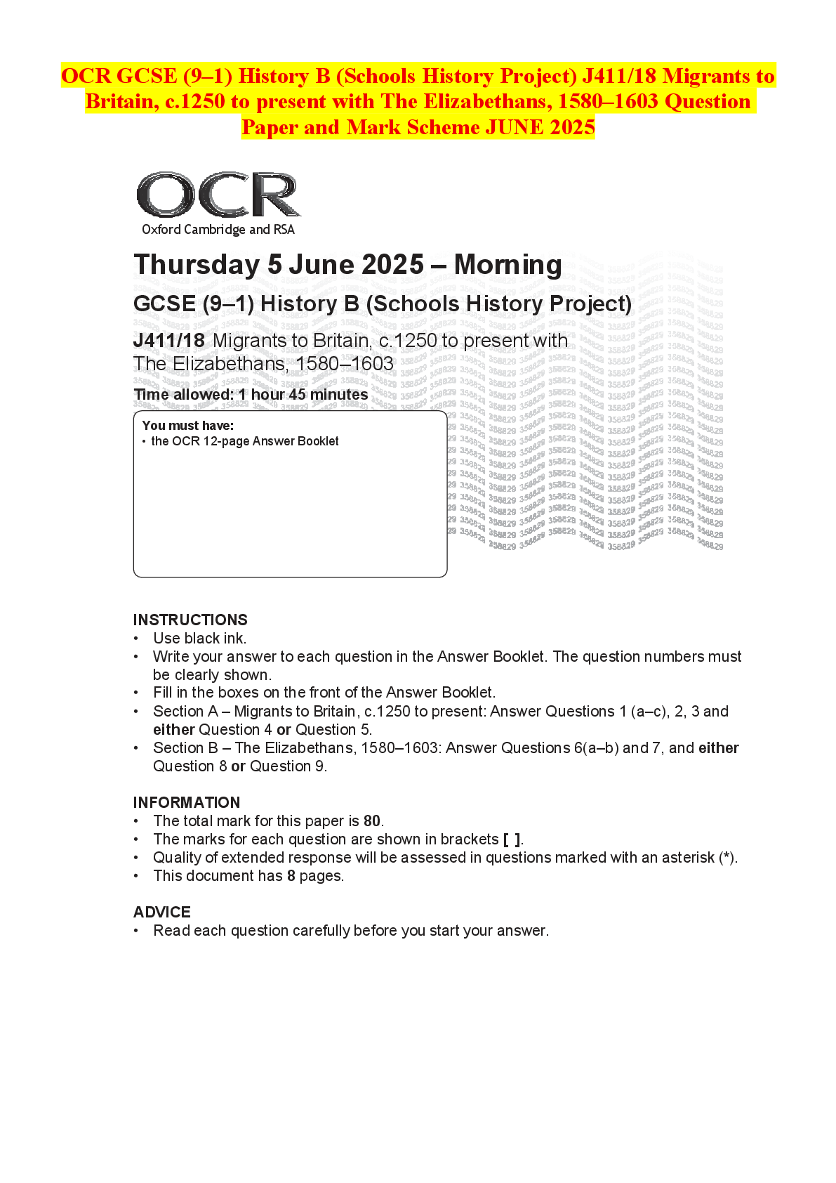 Recommended document preview for OCR GCSE (9–1) History B (Schools History Project) J411/18 Migrants to Britain, c.1250 to present with The Elizabethans, 1580–1603 Question Paper and Mark Scheme JUNE 2025
