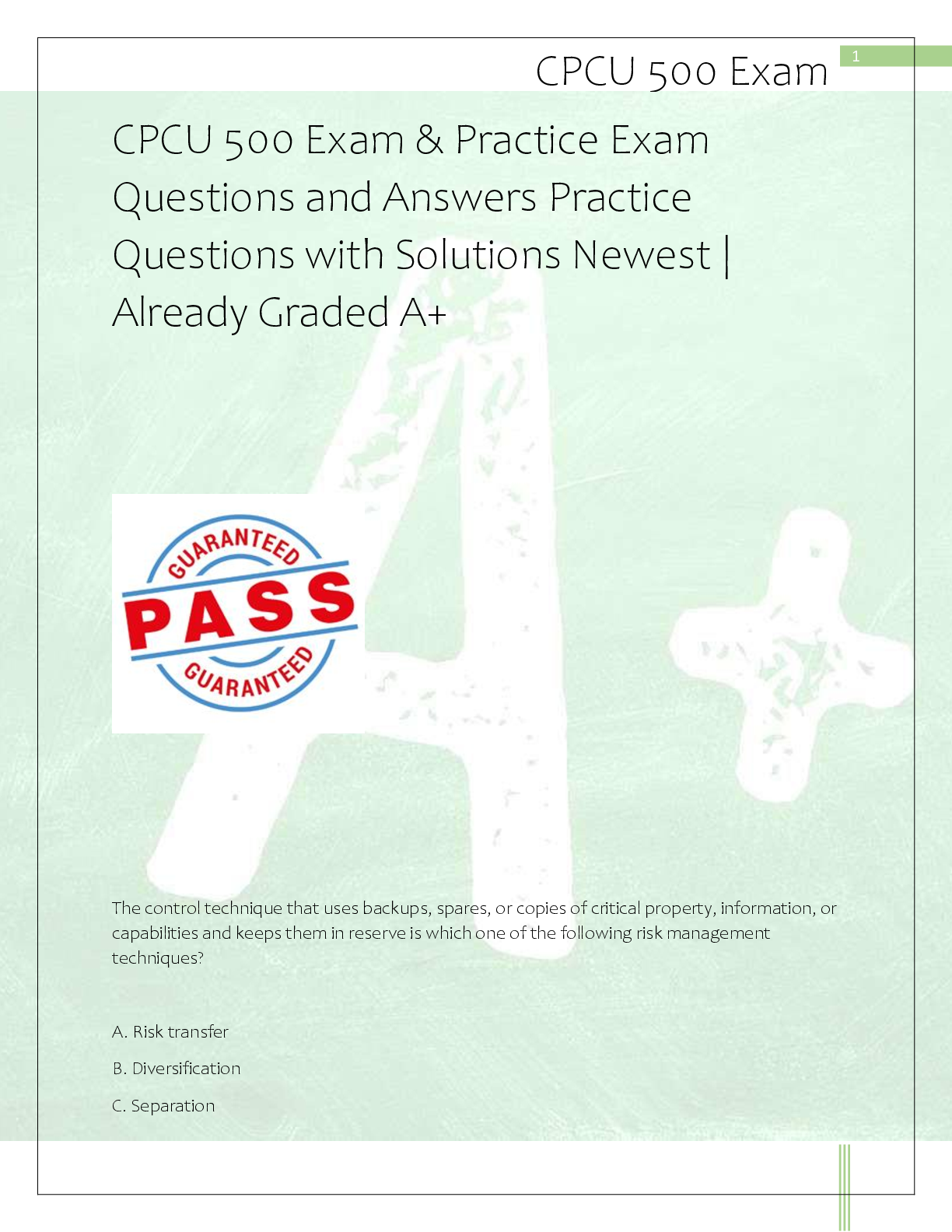 Recommended document preview for CPCU 500 Exam & Practice Exam  Questions and Answers Practice  Questions with Solutions Newest |  Already Graded A+