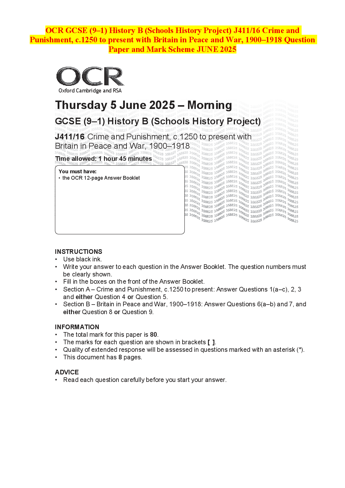 Recommended document preview for OCR GCSE (9–1) History B (Schools History Project) J411/16 Crime and Punishment, c.1250 to present with Britain in Peace and War, 1900–1918 Question Paper and Mark Scheme JUNE 2025