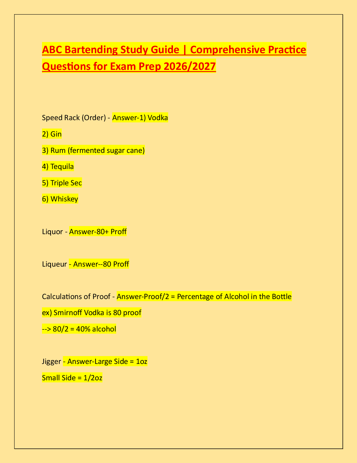 Recommended document preview for ABC Bartending Study Guide | Comprehensive Practice  Questions for Exam Prep 2026/2027
