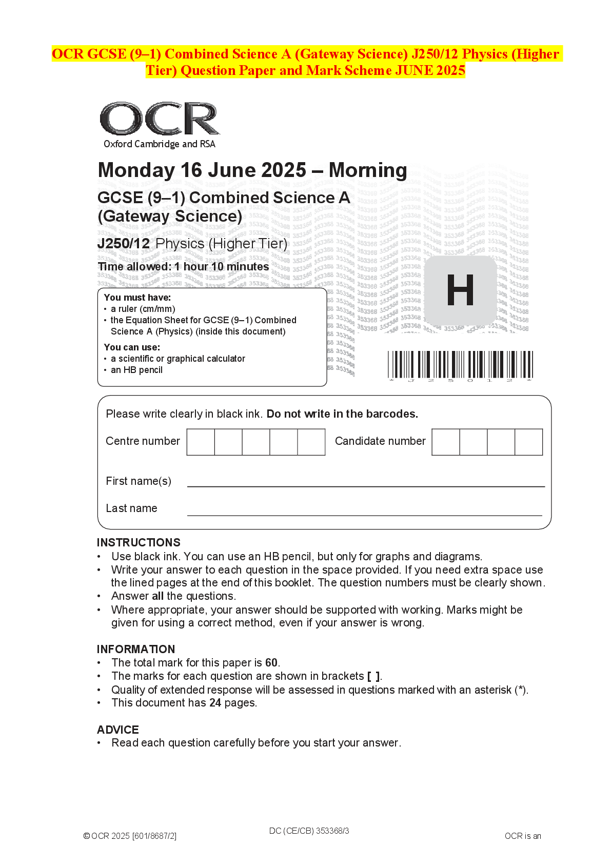 Recommended document preview for OCR GCSE (9–1) Combined Science A (Gateway Science) J250/12 Physics (Higher Tier) Question Paper and Mark Scheme JUNE 2025