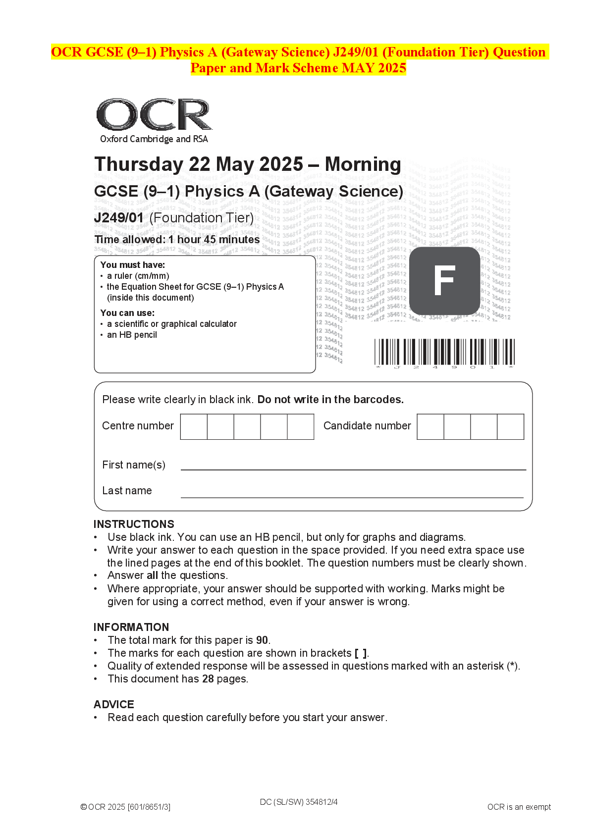 Recommended document preview for OCR GCSE (9–1) Physics A (Gateway Science) J249/01 (Foundation Tier) Question Paper and Mark Scheme MAY 2025