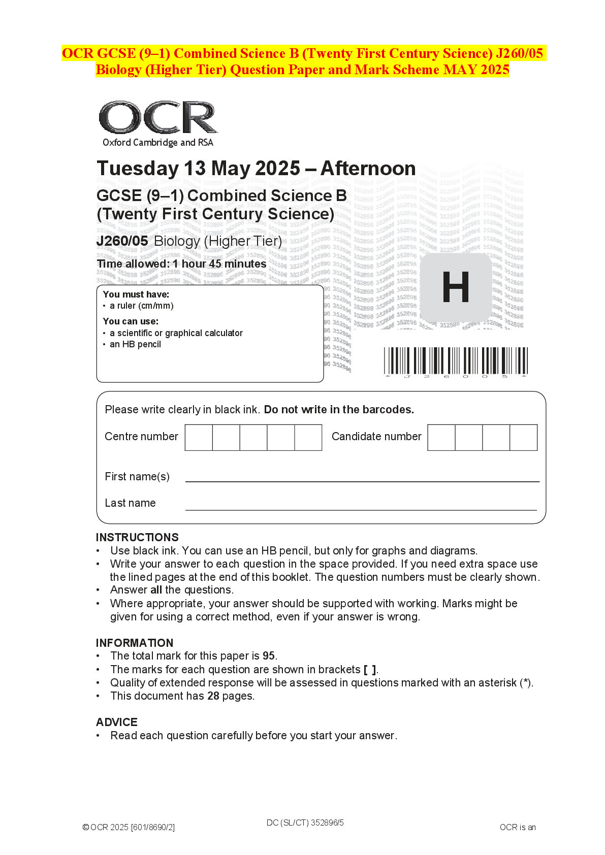 Recommended document preview for OCR GCSE (9–1) Combined Science B (Twenty First Century Science) J260/05 Biology (Higher Tier) Question Paper and Mark Scheme MAY 2025