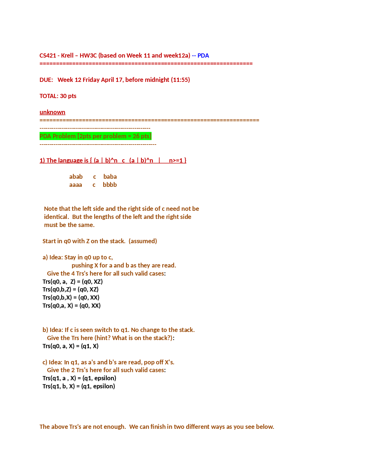 Recommended document preview for CS 421 Theory of Computing - CS421 - Krell – Homework 3C (based on Week 11 and week12a) -- PDA