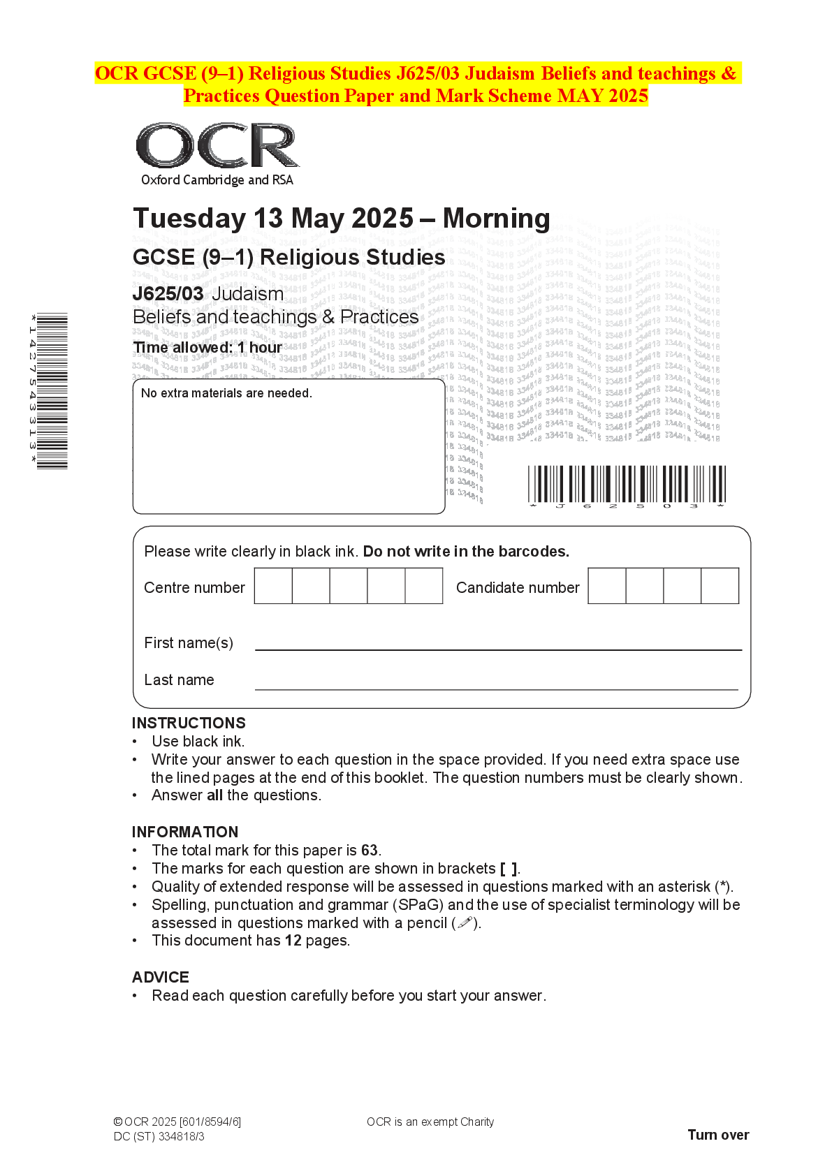 Recommended document preview for OCR GCSE (9–1) Religious Studies J625/03 Judaism Beliefs and teachings & Practices Question Paper and Mark Scheme MAY 2025