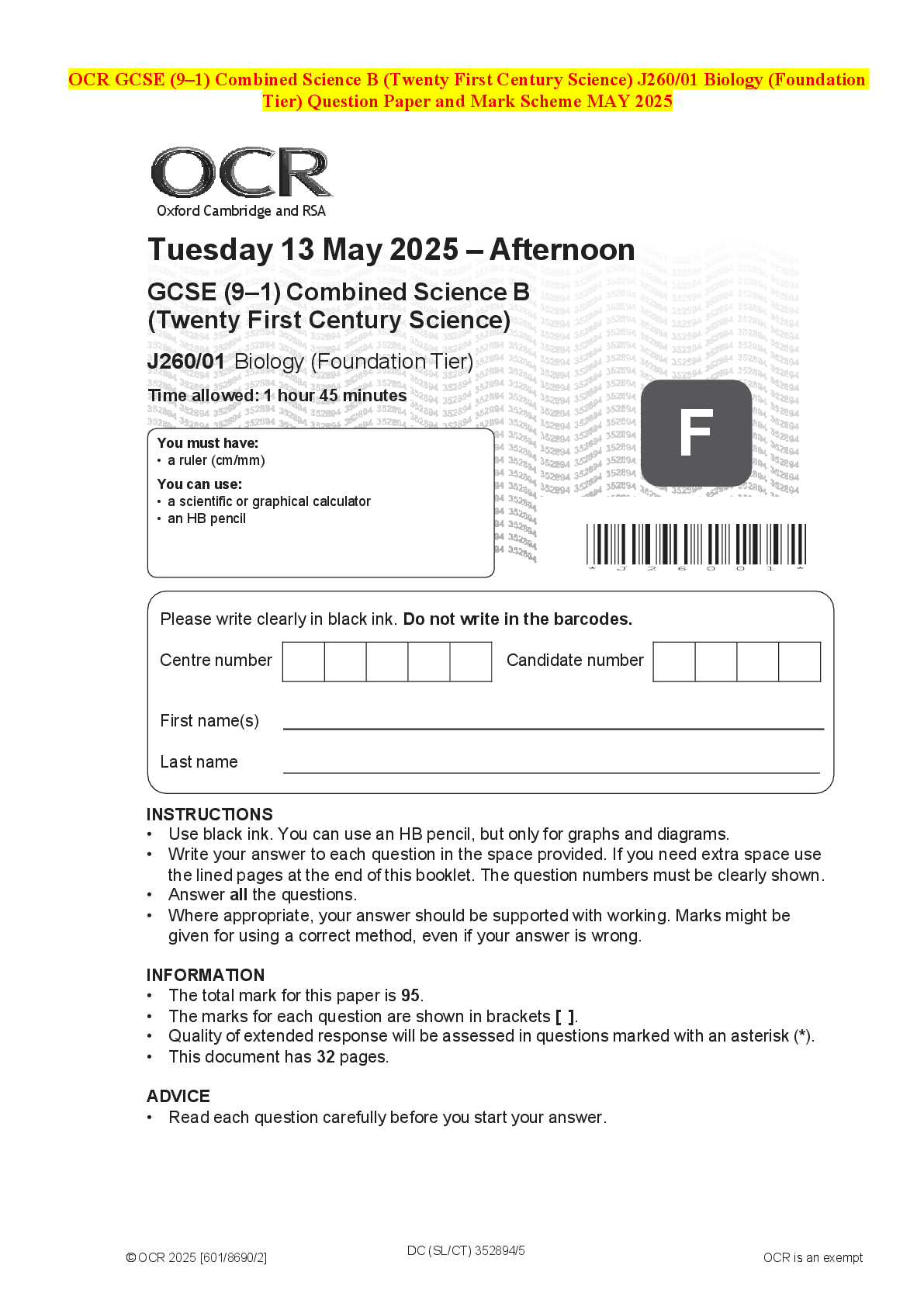 Recommended document preview for OCR GCSE (9–1) Combined Science B (Twenty First Century Science) J260/01 Biology (Foundation Tier) Question Paper and Mark Scheme MAY 2025