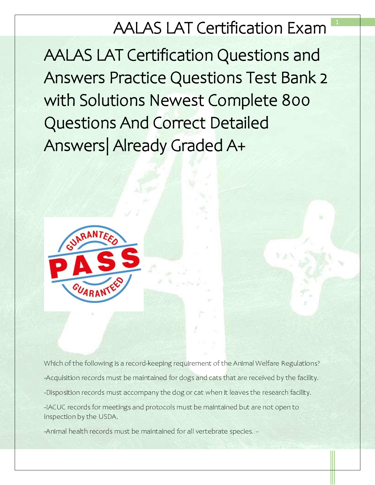 Recommended document preview for AALAS LAT Certification Questions and  Answers Practice Questions Test Bank 2  with Solutions Newest Complete 800  Questions And Correct Detailed  Answers| Already Graded A+