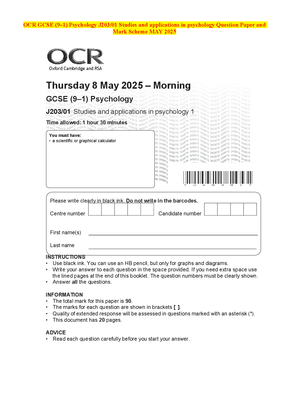 Recommended document preview for OCR GCSE (9–1) Psychology J203/01 Studies and applications in psychology Question Paper and Mark Scheme MAY 2025