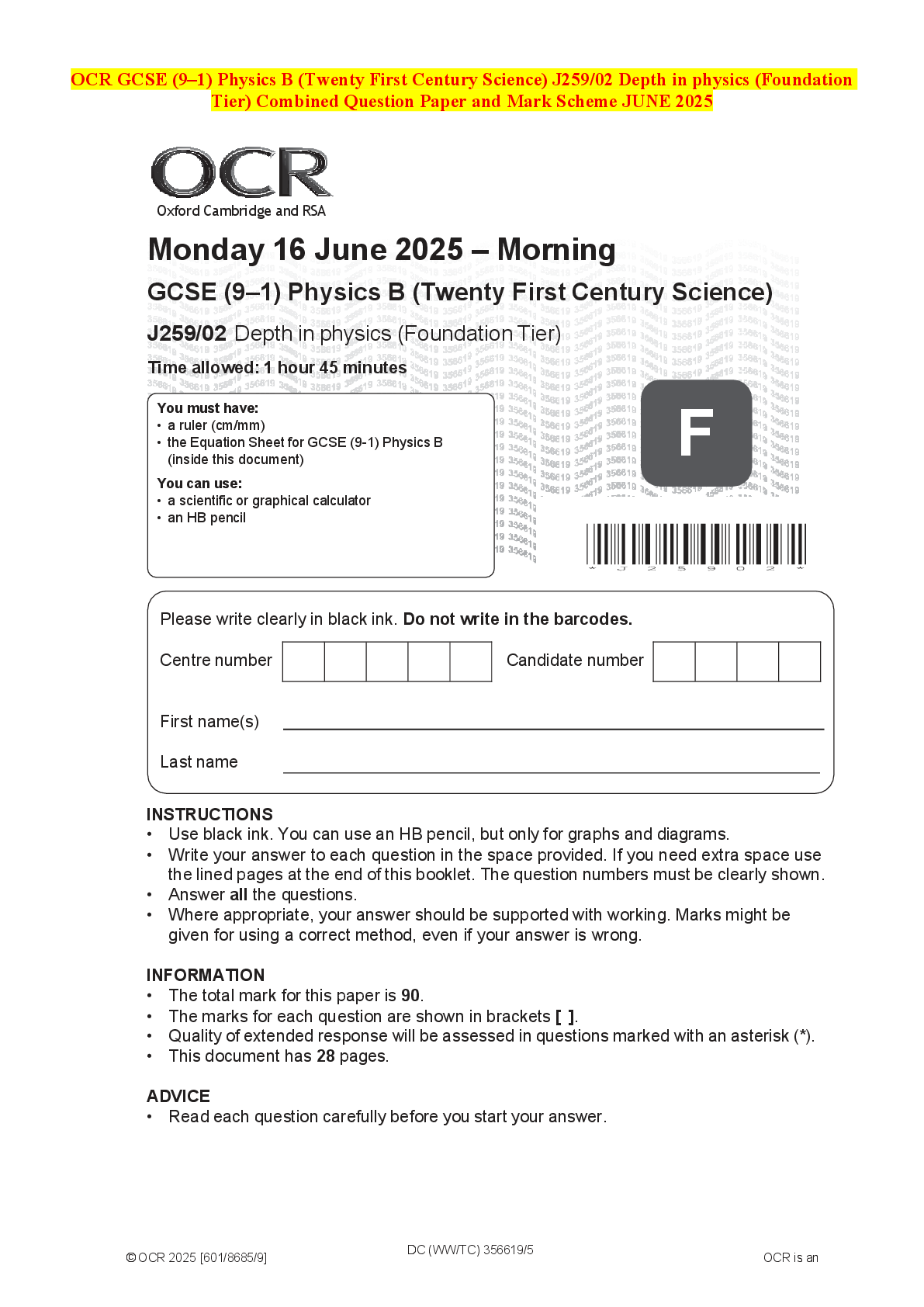 Recommended document preview for OCR GCSE (9–1) Physics B (Twenty First Century Science) J259/02 Depth in physics (Foundation Tier) Combined Question Paper and Mark Scheme JUNE 2025