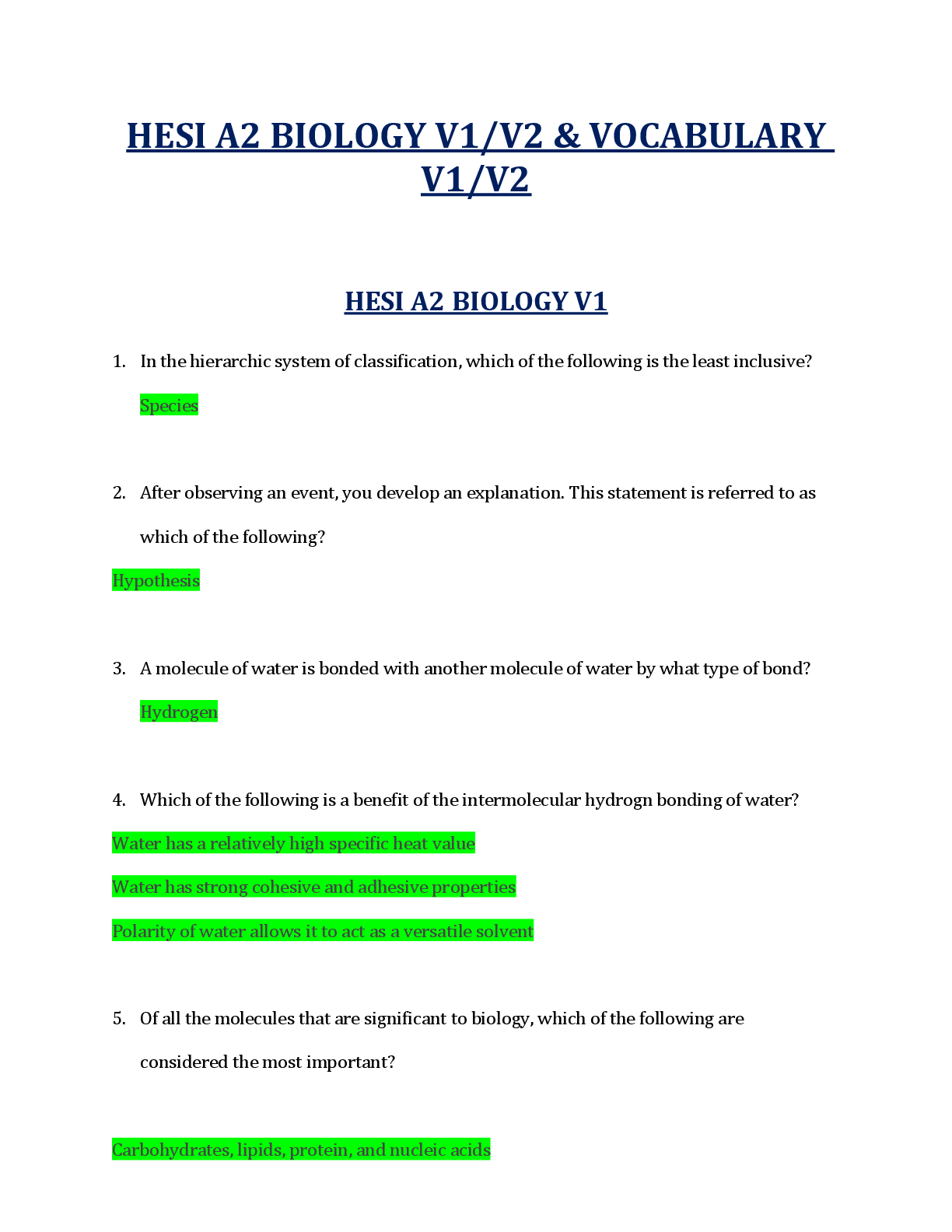 Recommended document preview for HESI A2 BIOLOGY V1/V2 & VOCABULARY V1/V2