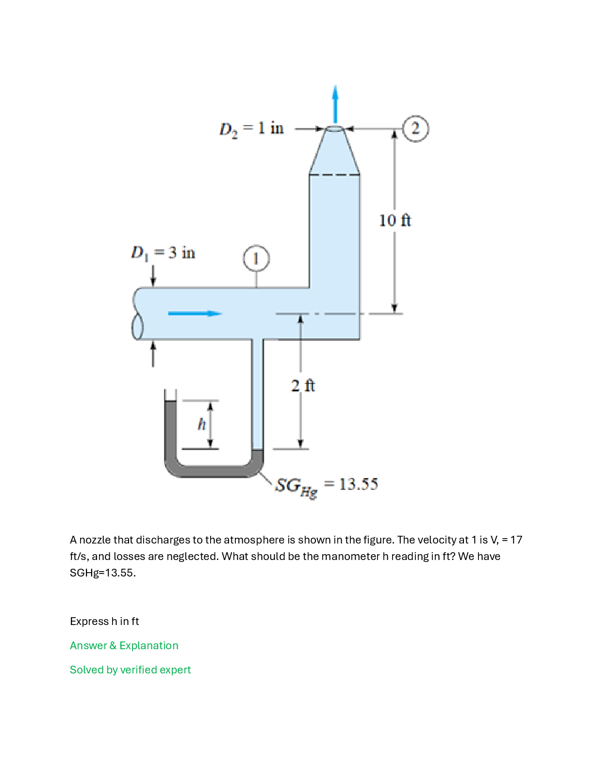 Recommended document preview for A nozzle that discharges to the atmosphere is shown in the figure. The velocity at 1 is V, = 17 ft/s, and losses are neglected. What should be the manometer h reading in ft? We have SGHg=13.55.