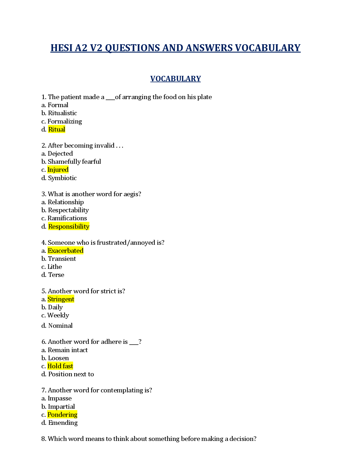 Recommended document preview for HESI A2 VOCABULARY V2