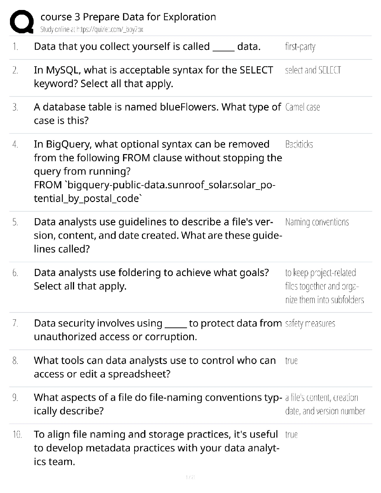 Recommended document preview for Prepare Data for Exploration / Score 100% / New Version 2025 Update / Course 3 Study Guide