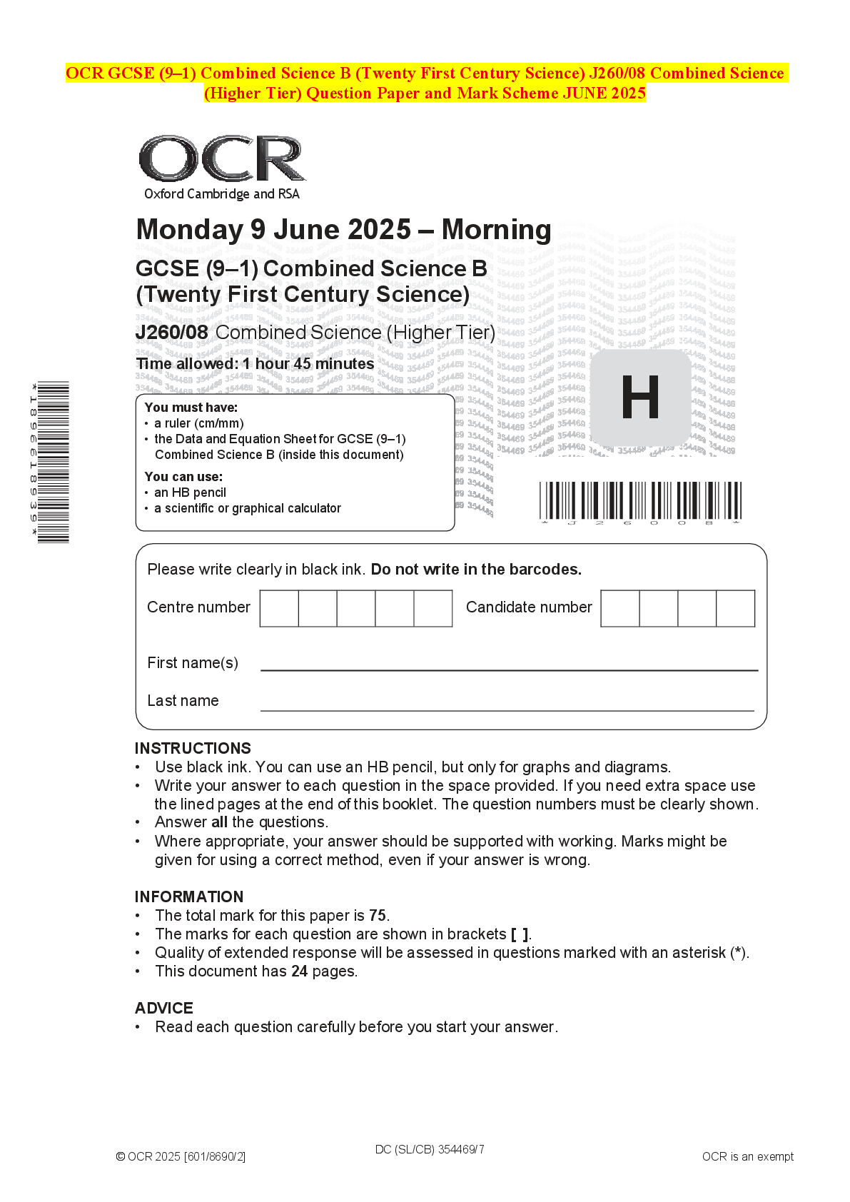 Recommended document preview for OCR GCSE (9–1) Combined Science B (Twenty First Century Science) J260/08 Combined Science (Higher Tier) Question Paper and Mark Scheme JUNE 2025