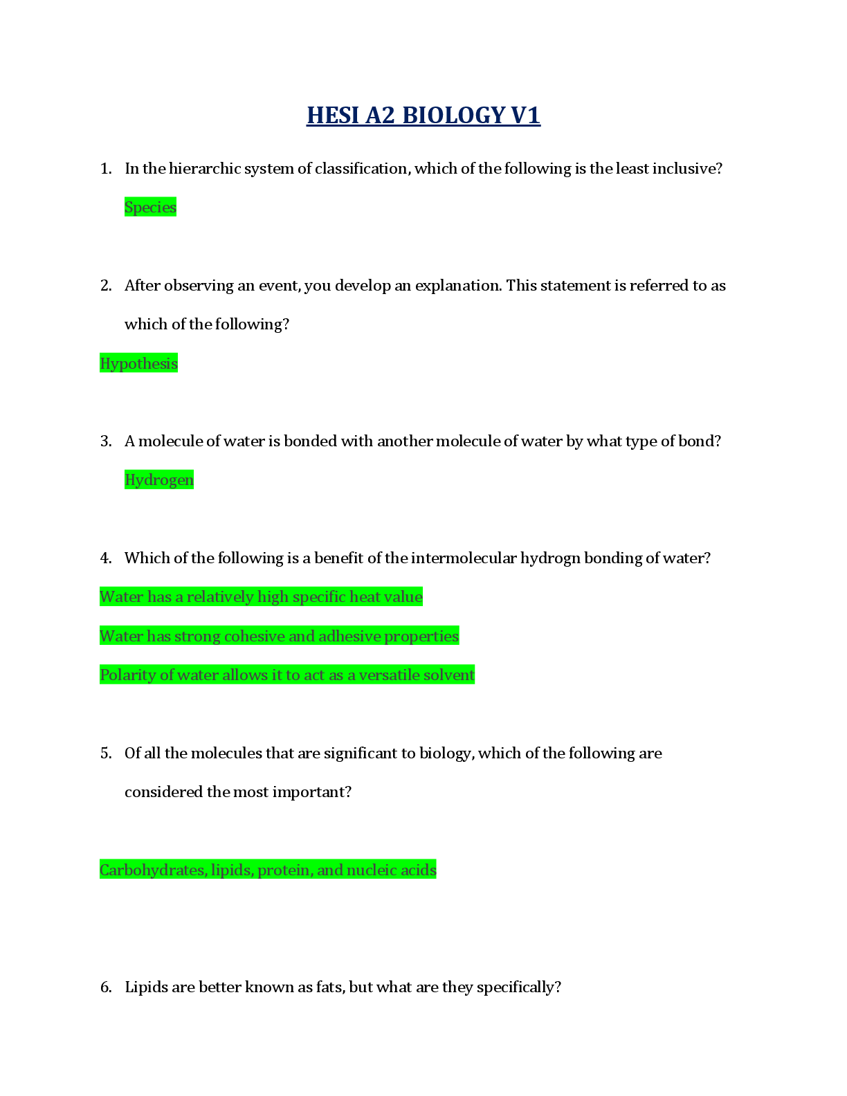 Recommended document preview for HESI A2 BIOLOGY V1