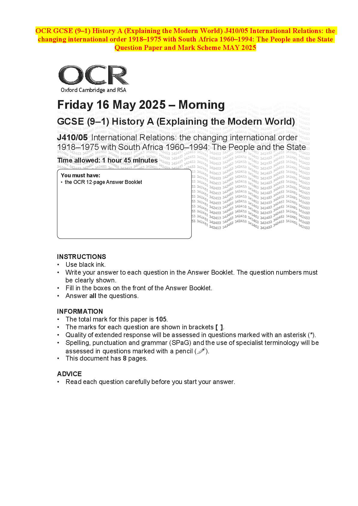 Recommended document preview for OCR GCSE (9–1) History A (Explaining the Modern World) J410/05 International Relations: the changing international order 1918–1975 with South Africa 1960–1994: The People and the State Question Paper and Mark Scheme MAY 2025