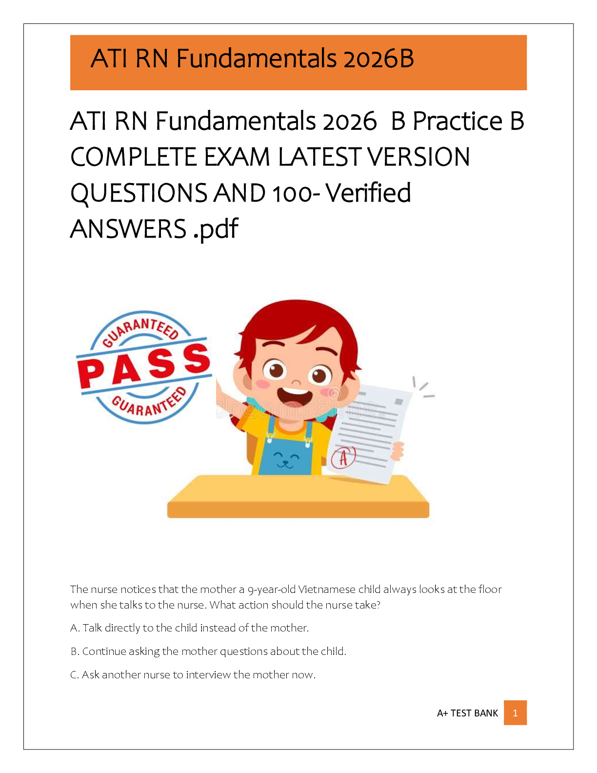 Preview of ATI RN Fundamentals 2026  B Practice B  COMPLETE EXAM LATEST VERSION  QUESTIONS AND 100- V