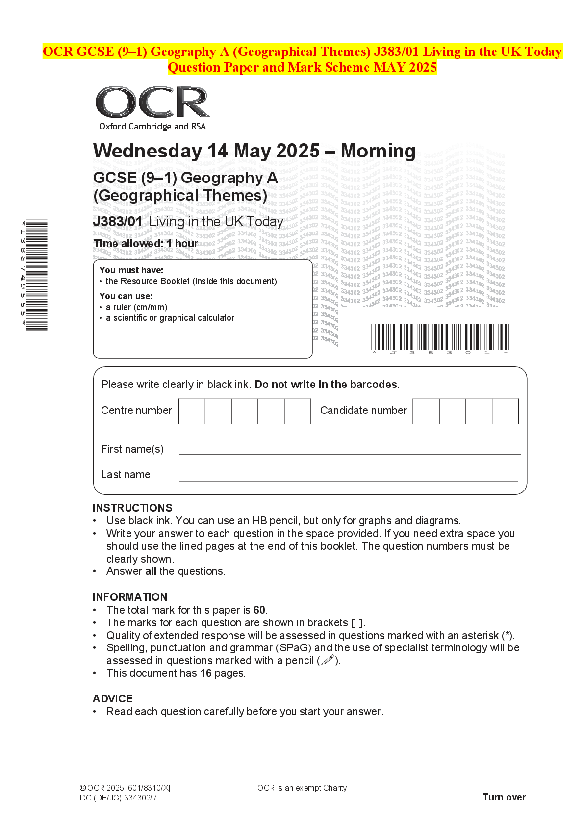 Recommended document preview for OCR GCSE (9–1) Geography A (Geographical Themes) J383/01 Living in the UK Today Question Paper and Mark Scheme MAY 2025