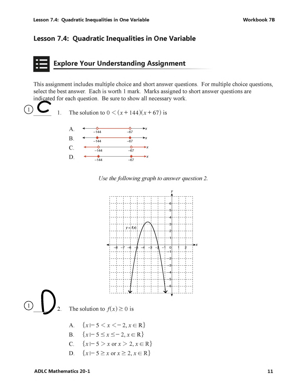 Recommended document preview for Lesson 7.4: Quadratic Inequalities in One Variable Workbook 7B