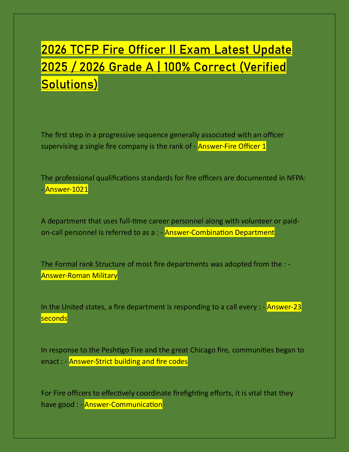 Recommended document preview for 2026 TCFP Fire Officer II Exam Latest Update  2025 / 2026 Grade A | 100% Correct (Verified  Solutions)