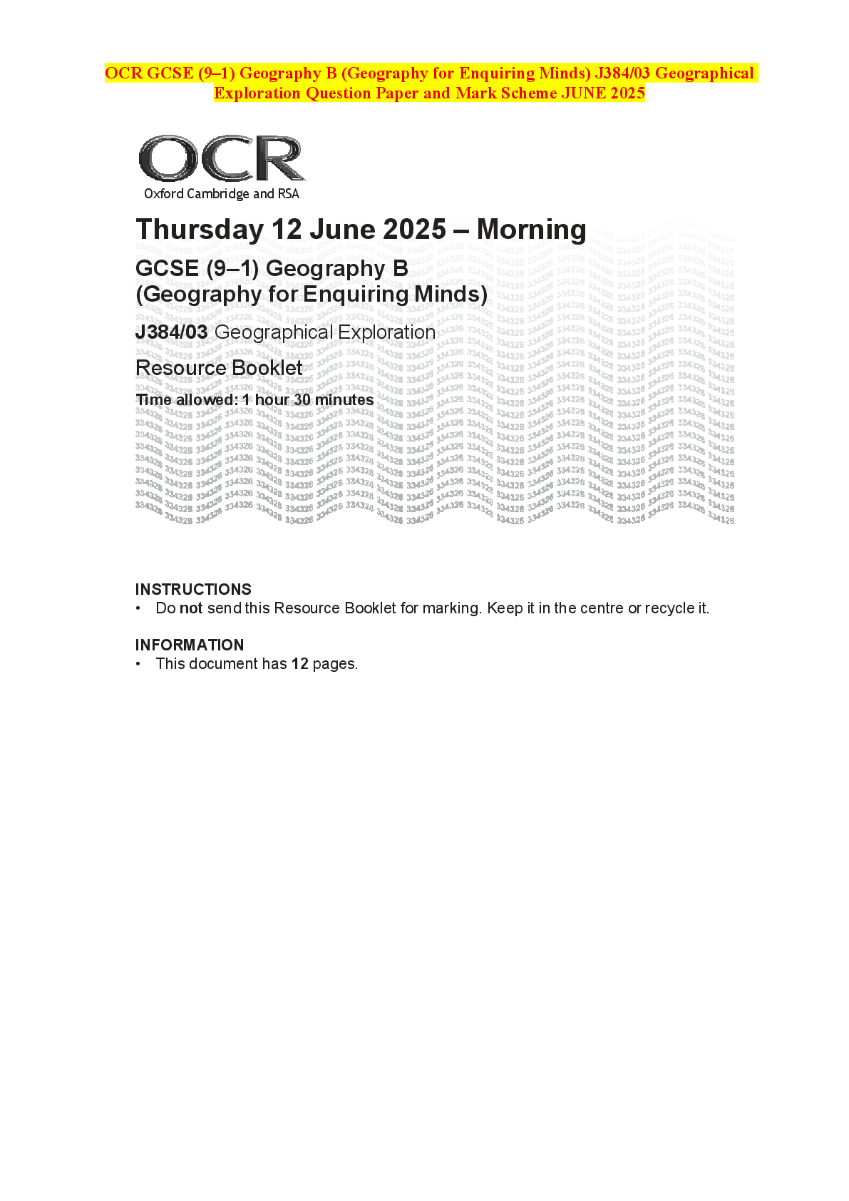 Recommended document preview for OCR GCSE (9–1) Geography B (Geography for Enquiring Minds) J384/03 Geographical Exploration Question Paper and Mark Scheme JUNE 2025