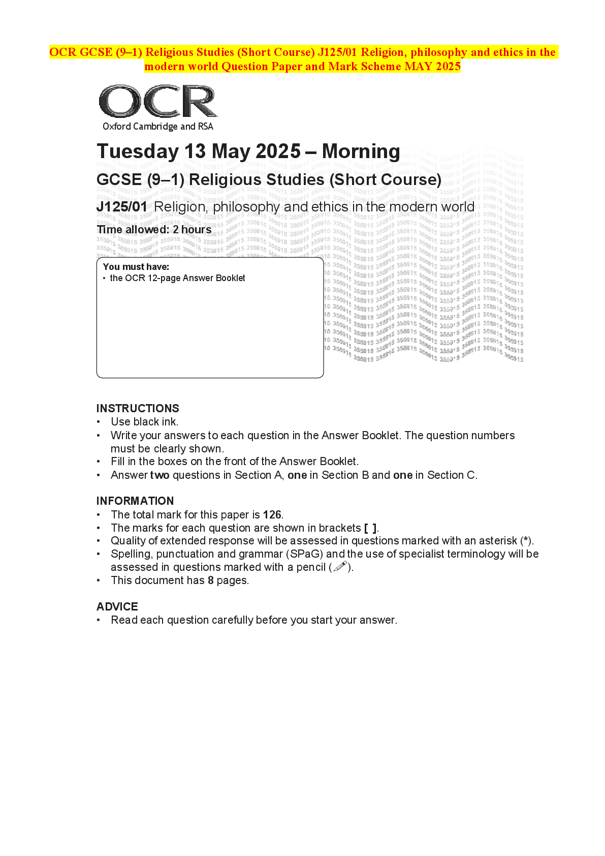 Recommended document preview for OCR GCSE (9–1) Religious Studies (Short Course) J125/01 Religion, philosophy and ethics in the modern world Question Paper and Mark Scheme MAY 2025