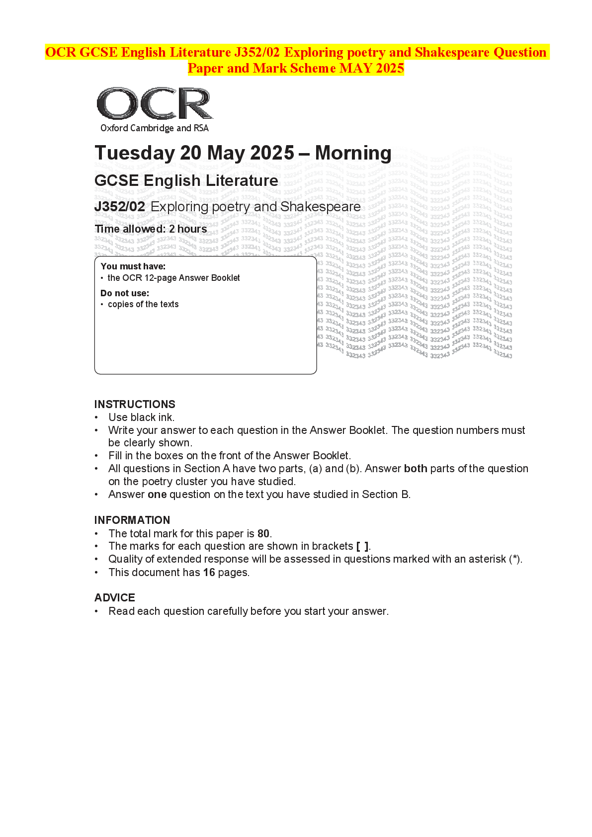 Recommended document preview for OCR GCSE English Literature J352/02 Exploring poetry and Shakespeare Question Paper and Mark Scheme MAY 2025