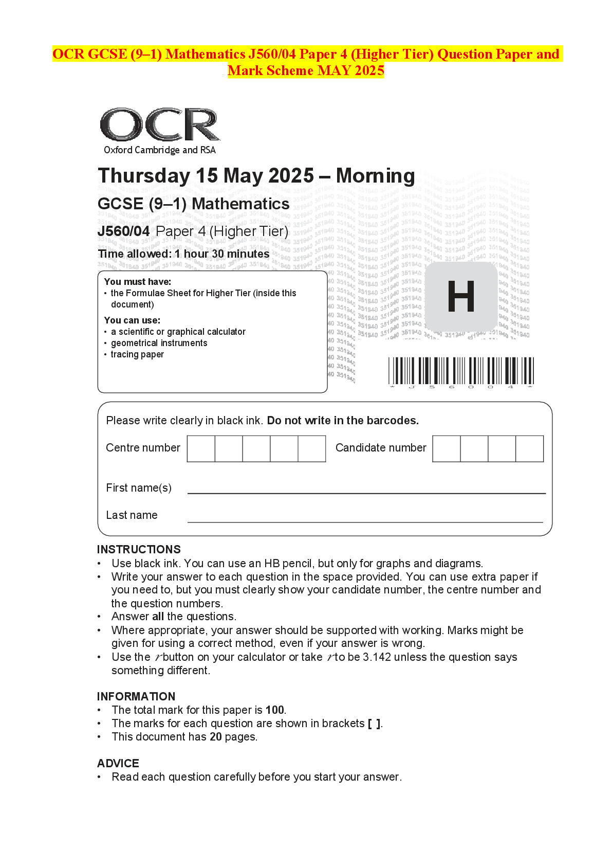 Recommended document preview for OCR GCSE (9–1) Mathematics J560/04 Paper 4 (Higher Tier) Question Paper and Mark Scheme MAY 2025
