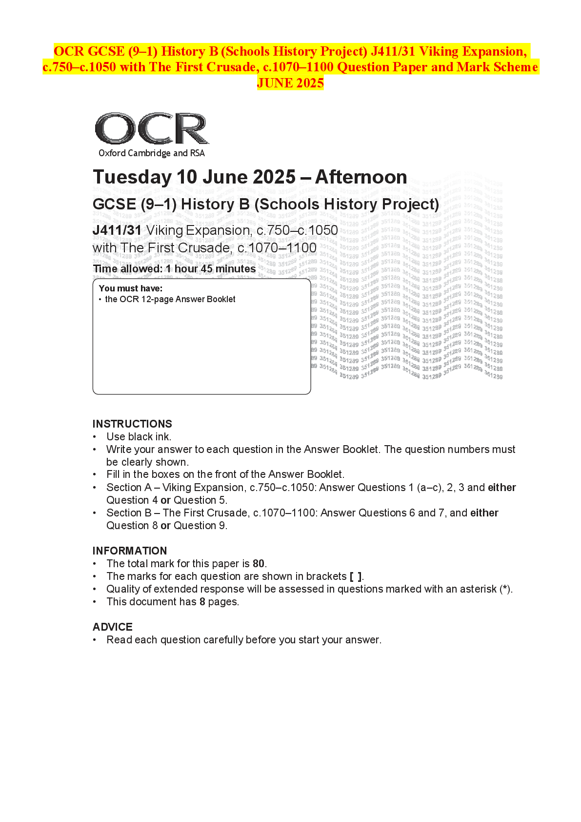 Recommended document preview for OCR GCSE (9–1) History B (Schools History Project) J411/31 Viking Expansion, c.750–c.1050 with The First Crusade, c.1070–1100 Question Paper and Mark Scheme JUNE 2025
